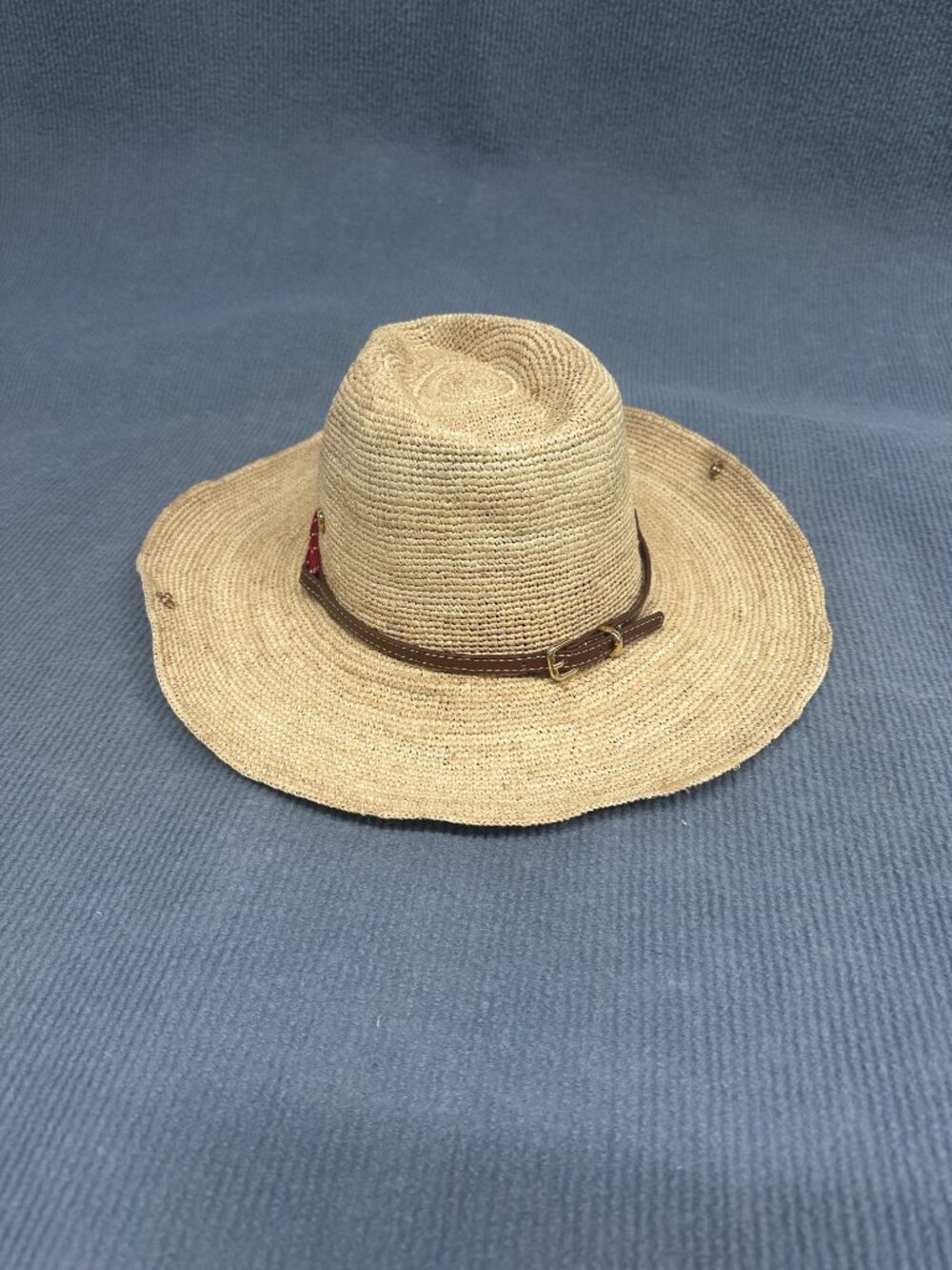 Miu Miu Woven Straw Cowboy Hat Embroidered Logo Red Strap - Picture 3 of 6